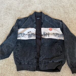 Acid Wash Black Denim Horse Graphic Bomber Jacket